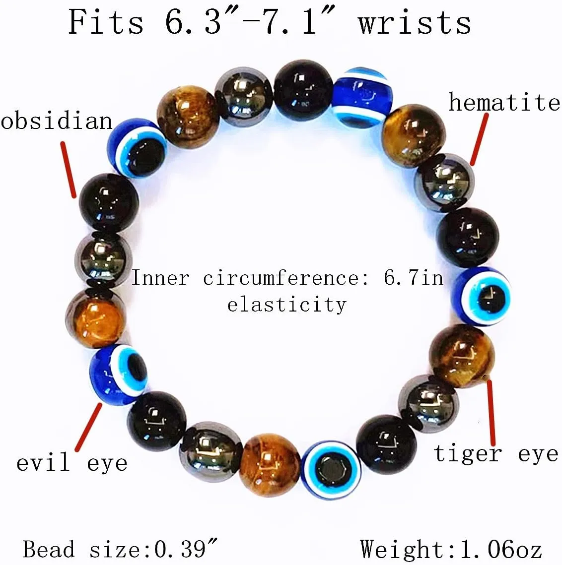 Evil Eye with Hematite Black Obsidian Tiger Eye Stone Triple Protection Bracelets for Men Women, Crystal Jewelry Stone Bracelets Bring Luck and Prosperity and Happiness