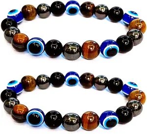 Evil Eye with Hematite Black Obsidian Tiger Eye Stone Triple Protection Bracelets for Men Women, Crystal Jewelry Stone Bracelets Bring Luck and Prosperity and Happiness