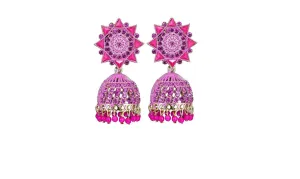 Ezume Designer Jhumka earrings for women Party Alloy Jhumki Vintage Bell Pendant Flower Pattern Colorful Shiny Rhinestone Inlaid Angle Earrings Retro Bollywood Style Tourist Souvenir Pink Color