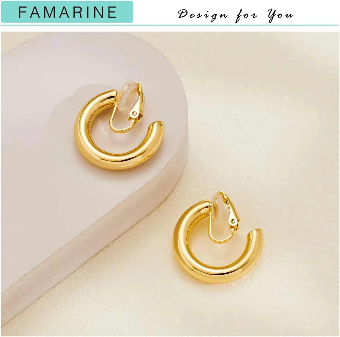 FAMARINE Clip on Earrings for Women, Chunky Chunky Tube Hoop Clip Earrings No Piercing Earrings