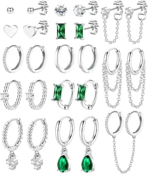 Fansilver 13Pairs Gold Hoop Earrings for Women 14K Gold Silver Plated Huggie Hoop Stud Earrings Set Small CZ Ball Stud Earrings Chain Hoop Earrings Hypoallergenic Dangle Hoop Earrings for Multiple Piercing