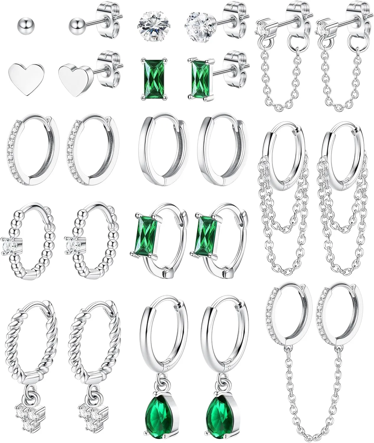 Fansilver 13Pairs Gold Hoop Earrings for Women 14K Gold Silver Plated Huggie Hoop Stud Earrings Set Small CZ Ball Stud Earrings Chain Hoop Earrings Hypoallergenic Dangle Hoop Earrings for Multiple Piercing