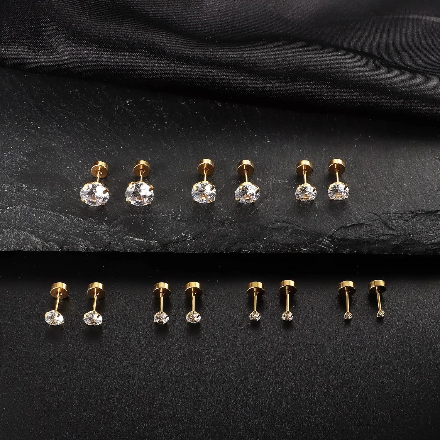 Fansilver 20G Hypoallergenic Flat Back Earrings for Women Men Silver 14K Gold Stainless Steel Stud Earrings Brithstone Cubic Zirconia Studs Surgical Steel Cartilage Earrings for Sensitive Ears