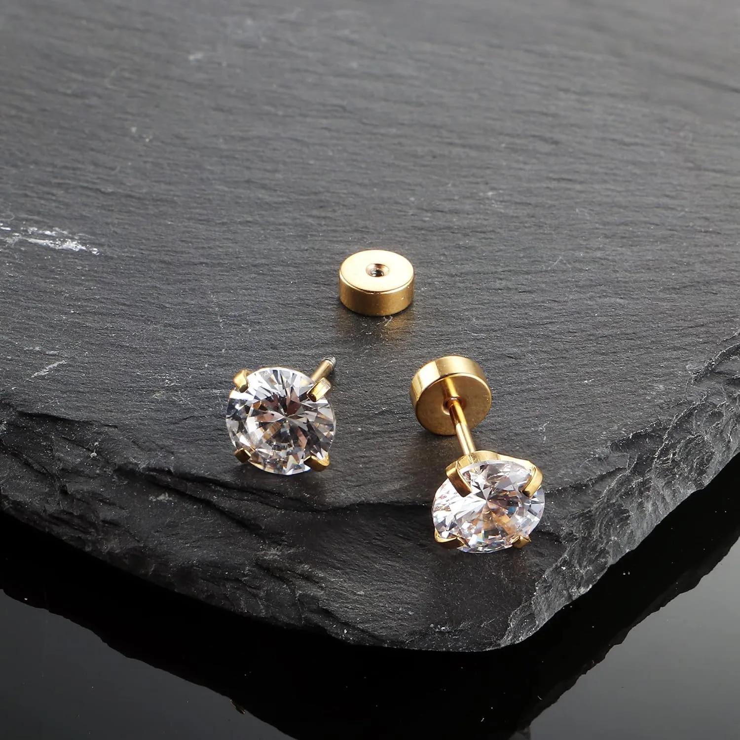 Fansilver 20G Hypoallergenic Flat Back Earrings for Women Men Silver 14K Gold Stainless Steel Stud Earrings Brithstone Cubic Zirconia Studs Surgical Steel Cartilage Earrings for Sensitive Ears