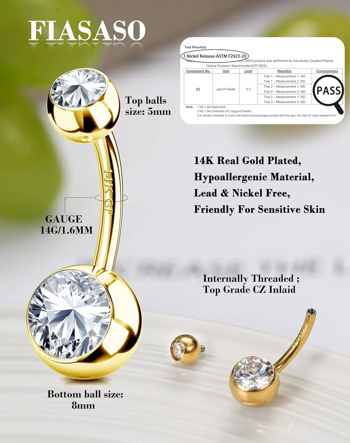 FIASASO Belly Button Ring Surgical Steel Titanium Sterling Silver 14K Gold Belly Button Rings Cubic Zirconia Internally Threaded Belly Rings 14G Belly Piercing Jewelry Hypoallergenic Navel Piercing Jewelry for Women