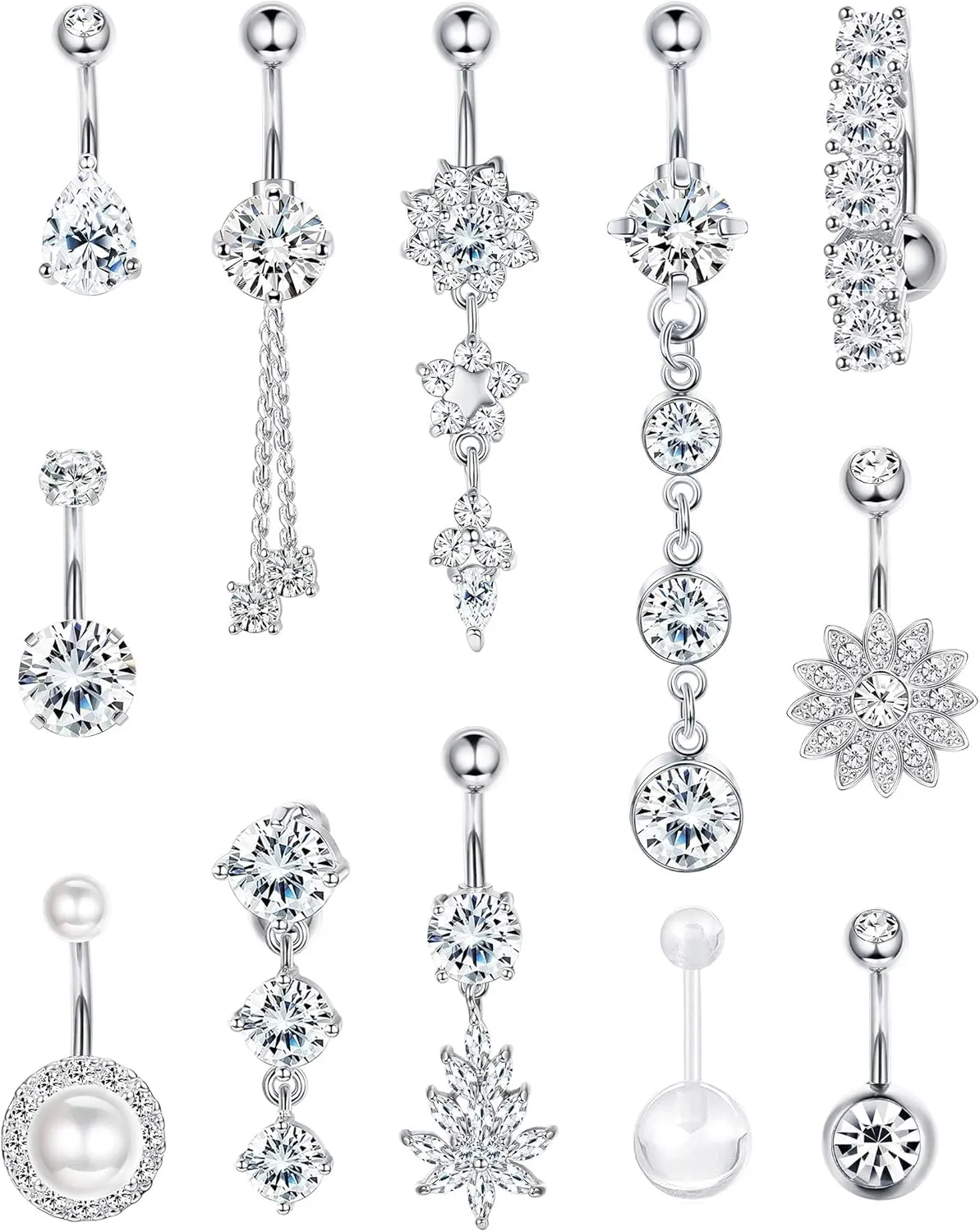 FIBO STEEL 14G Belly Button Rings Dangle 316L Stainless Steel Belly Rings for Women Navel Piercing Jewelry 12 Pcs