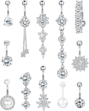 FIBO STEEL 14G Belly Button Rings Dangle 316L Stainless Steel Belly Rings for Women Navel Piercing Jewelry 12 Pcs