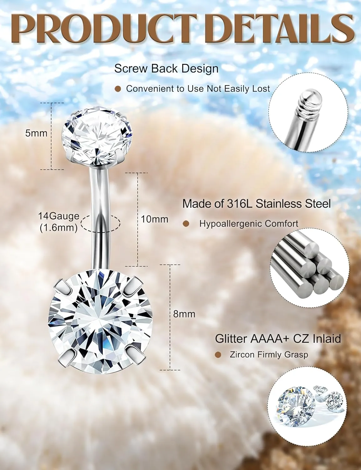 FIBO STEEL 14G Belly Button Rings Dangle 316L Stainless Steel Belly Rings for Women Navel Piercing Jewelry 12 Pcs
