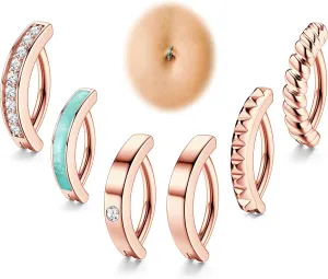 FIBO STEEL 6Pcs Clicker Belly Button Rings 316L Surgical Steel for Women CZ Opal Navel Rings Belly Body Piercing Jewelry 14G Silver/Gold/Rose Gold