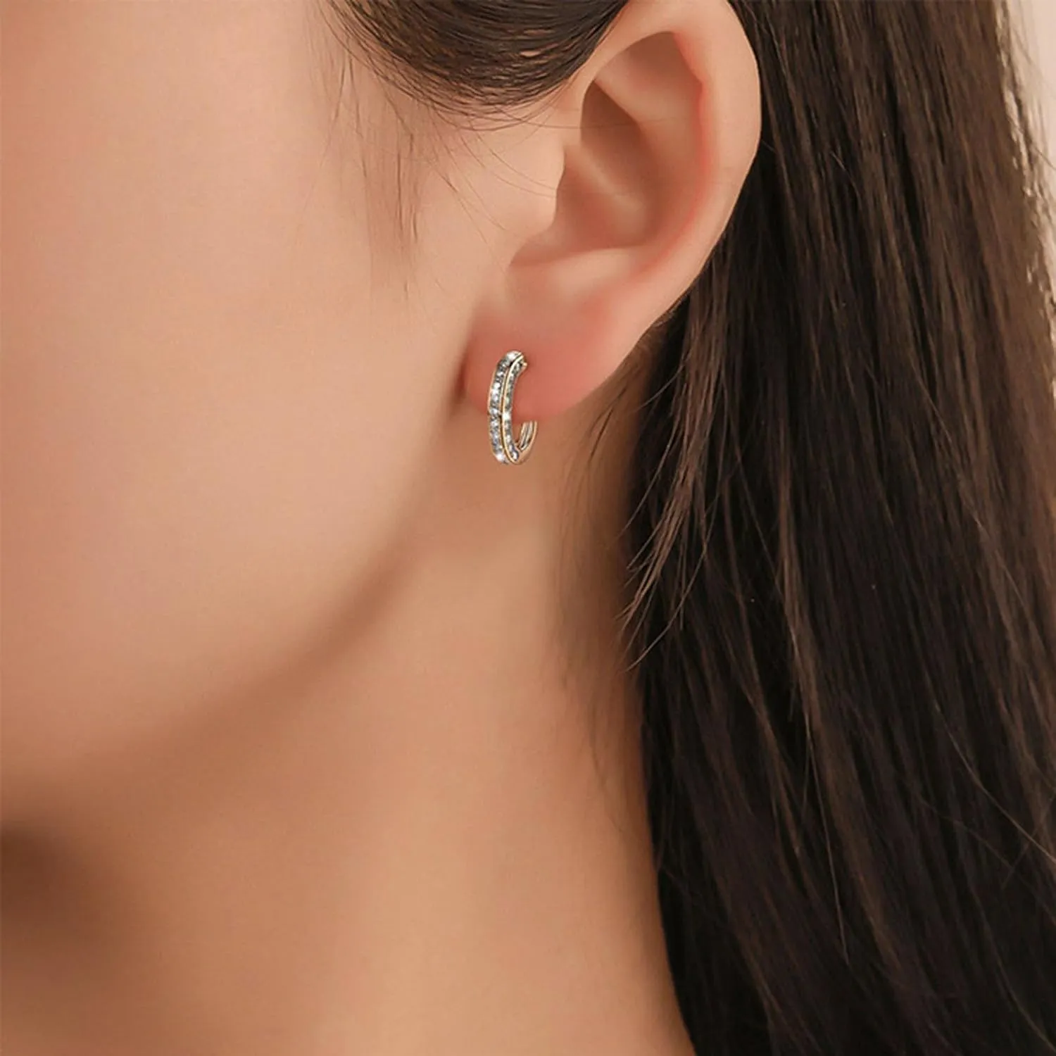 Filigree Huggie Hoop Earrings, Chunky Simple Cute Thick Round Earrings Cubic Zirconia Hoop Earrings Gold Silver Plated Hypoallergenic Fashion Rhinestone Huggie Earring Jewelry Gifts for Women