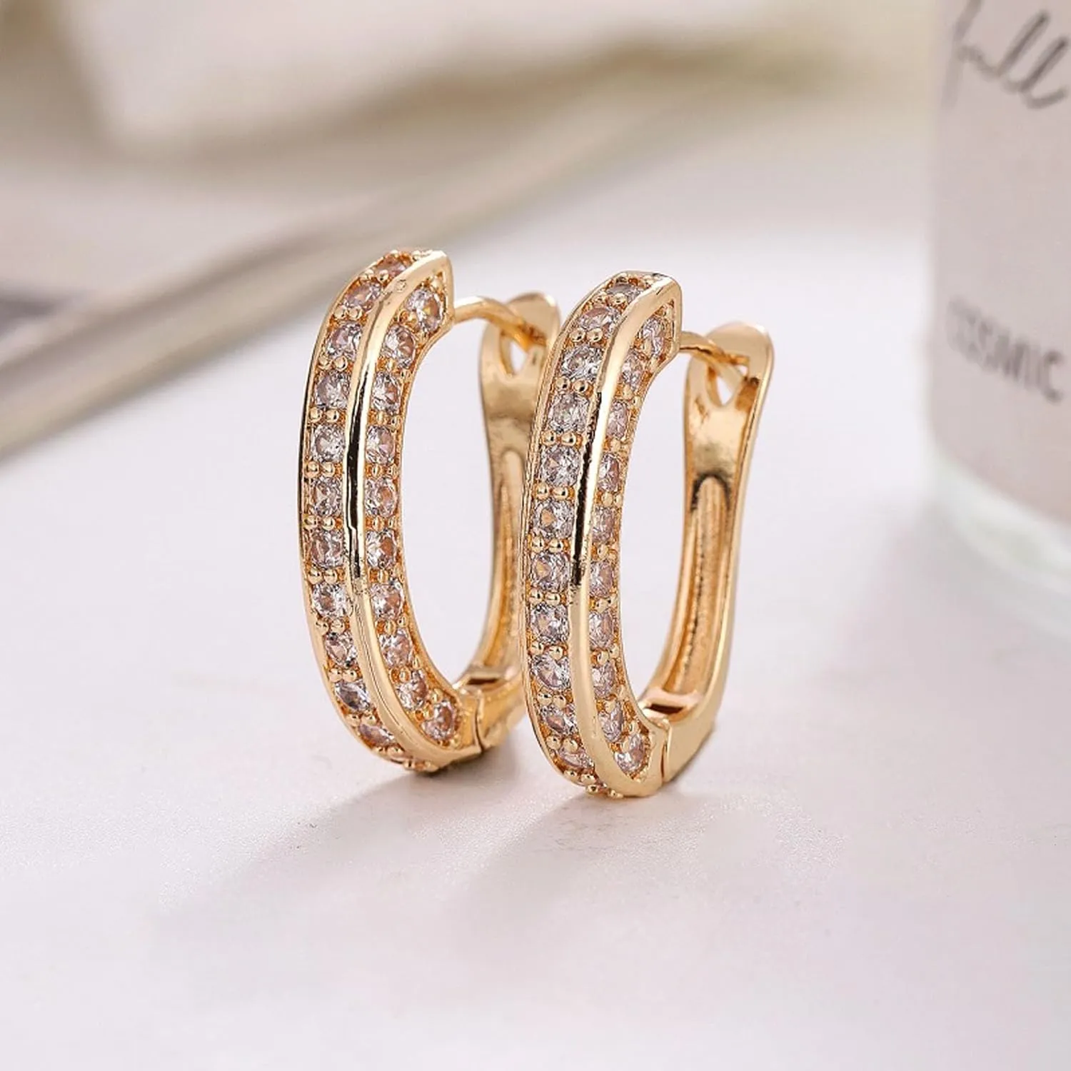 Filigree Huggie Hoop Earrings, Chunky Simple Cute Thick Round Earrings Cubic Zirconia Hoop Earrings Gold Silver Plated Hypoallergenic Fashion Rhinestone Huggie Earring Jewelry Gifts for Women