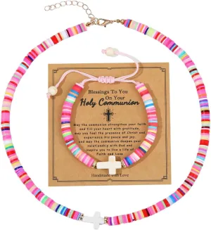 First Communion Necklace and Bracelet Set for Women Baptism Confirmation Necklace Cross Pearl Bracelet Catholic 1st Communion Baptism Gifts for Daughter Granddaughter Niece Sister