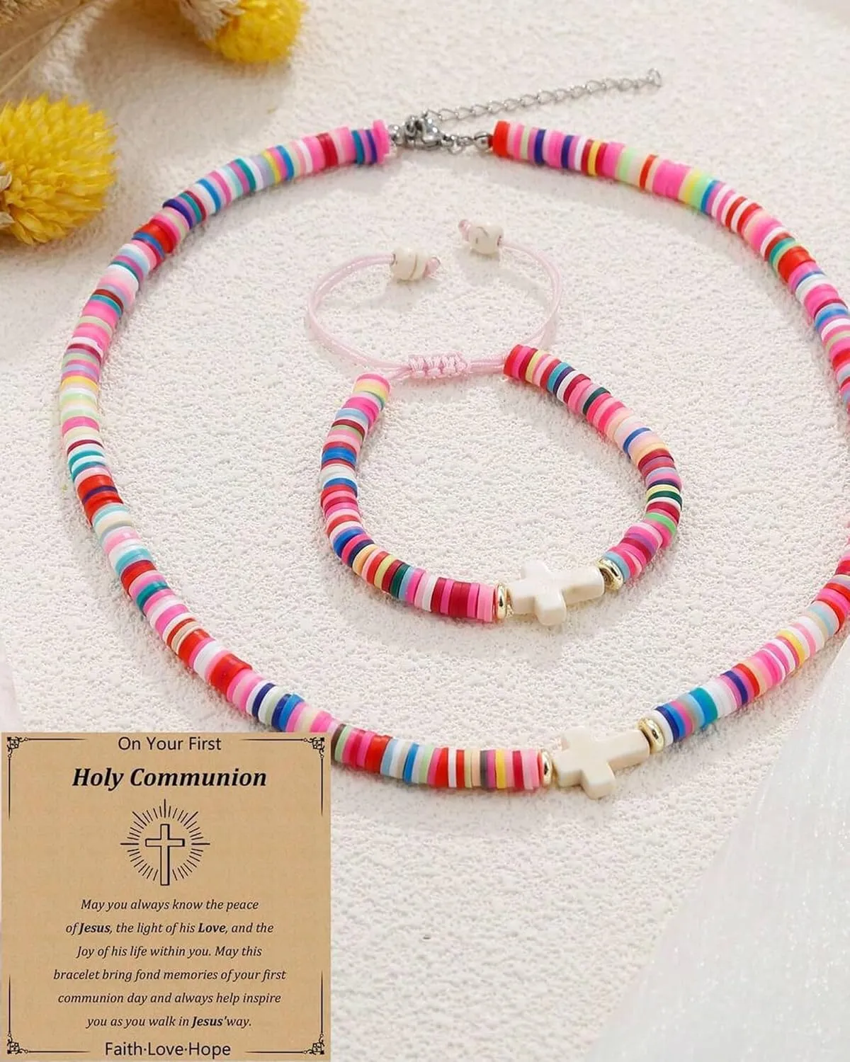 First Communion Necklace and Bracelet Set for Women Baptism Confirmation Necklace Cross Pearl Bracelet Catholic 1st Communion Baptism Gifts for Daughter Granddaughter Niece Sister