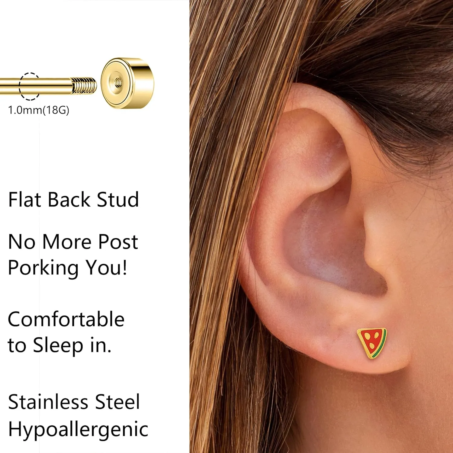 Flat Back Earrings for Women Hypoallergenic Heart Stud for Cartilage Screw Back Star Studs Comfortable Earring for Sleeping