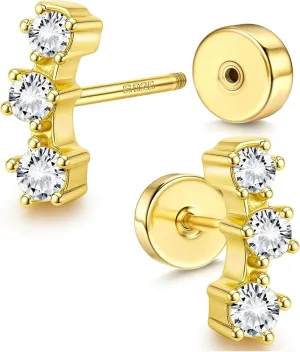 Flat Back Earrings Sterling Silver Post Stud Earrings Cartilage Tragus Helix Piercing Jewelry Earring for Multiple Piercing Dainty CZ Studs 18K Gold Plated Flatback Stud Earrings for Women