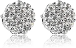 Flower Cluster White Gold Plated 925 Sterling Silver Large Mens Women's Iced CZ Round Honey Comb Set Hypoallergenic Circle Hip Hop Trendy Fashion Big Cubic Zirconia Stud Screw Back Earrings