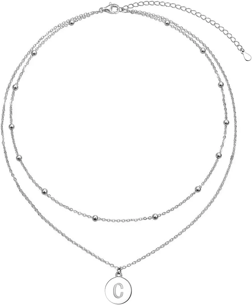 FLYOW S925 Sterling Silver Disc/Heart Initial Layered Choker Necklace Short Dainty Adjustable Lariat Necklaces for Women Girls