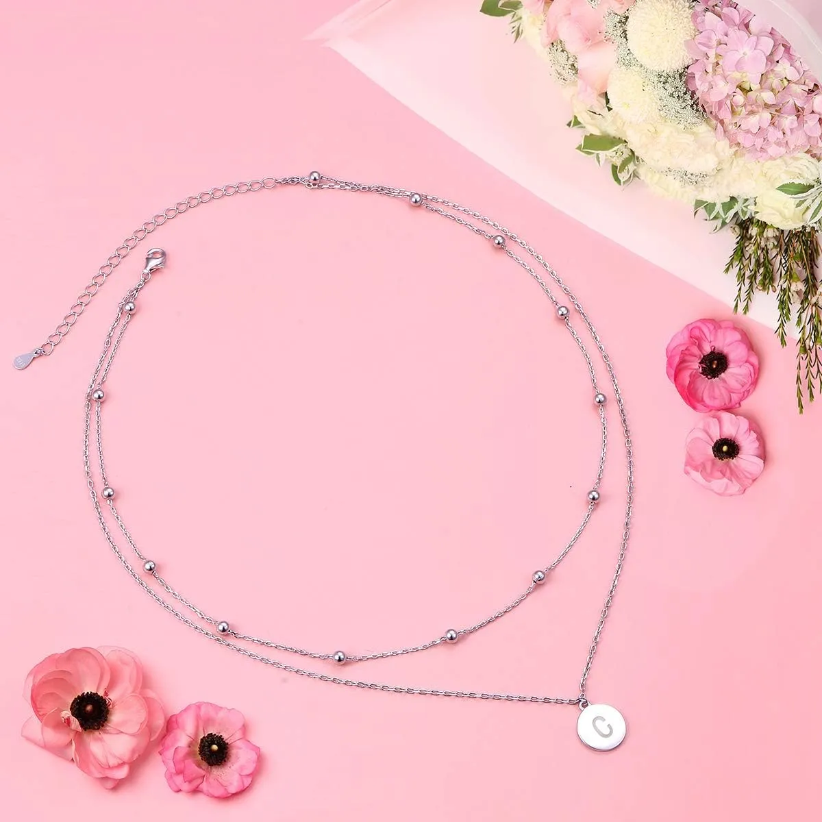 FLYOW S925 Sterling Silver Disc/Heart Initial Layered Choker Necklace Short Dainty Adjustable Lariat Necklaces for Women Girls