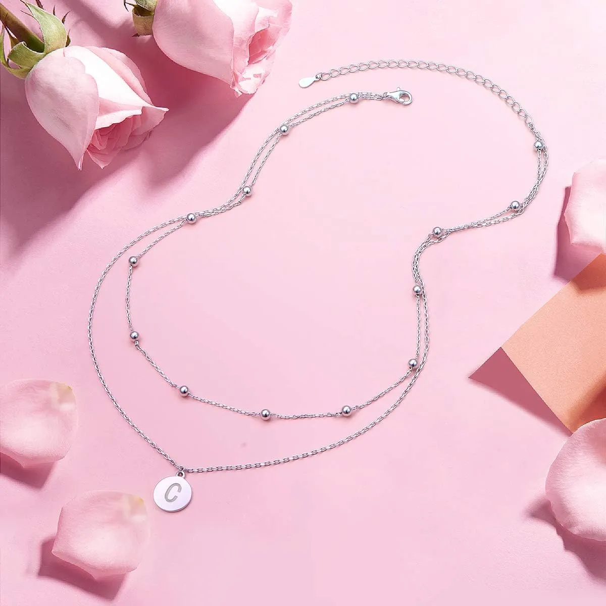 FLYOW S925 Sterling Silver Disc/Heart Initial Layered Choker Necklace Short Dainty Adjustable Lariat Necklaces for Women Girls