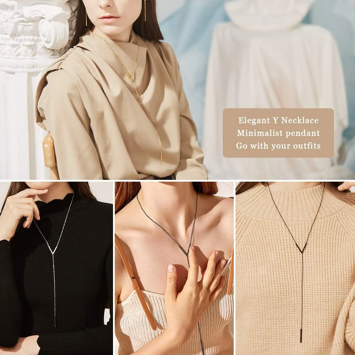 FOCALOOK Bar Pendant Y Lariat Necklace 14K Gold Plated Hypoallergenic Stainless Steel Statement Minimalist Drop Bar Long Chain Friendship Necklaces for Women