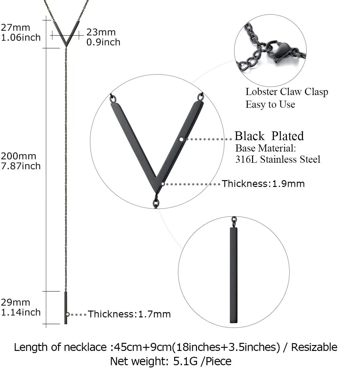 FOCALOOK Bar Pendant Y Lariat Necklace 14K Gold Plated Hypoallergenic Stainless Steel Statement Minimalist Drop Bar Long Chain Friendship Necklaces for Women