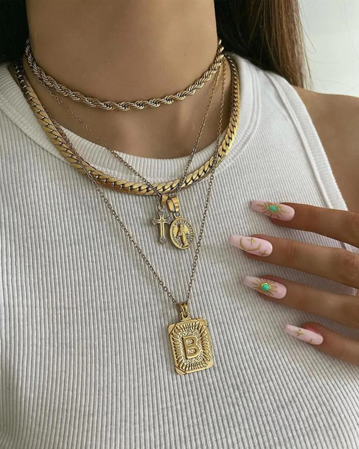FUNEIA Layered Gold Initial Necklace for Women Trendy Dainty 18K Gold Plated Initial A-Z letter Pendant Necklace Stacked Layering Herringbone Flat Snake Chain Choker Necklaces Set Pack Jewelry Gifts