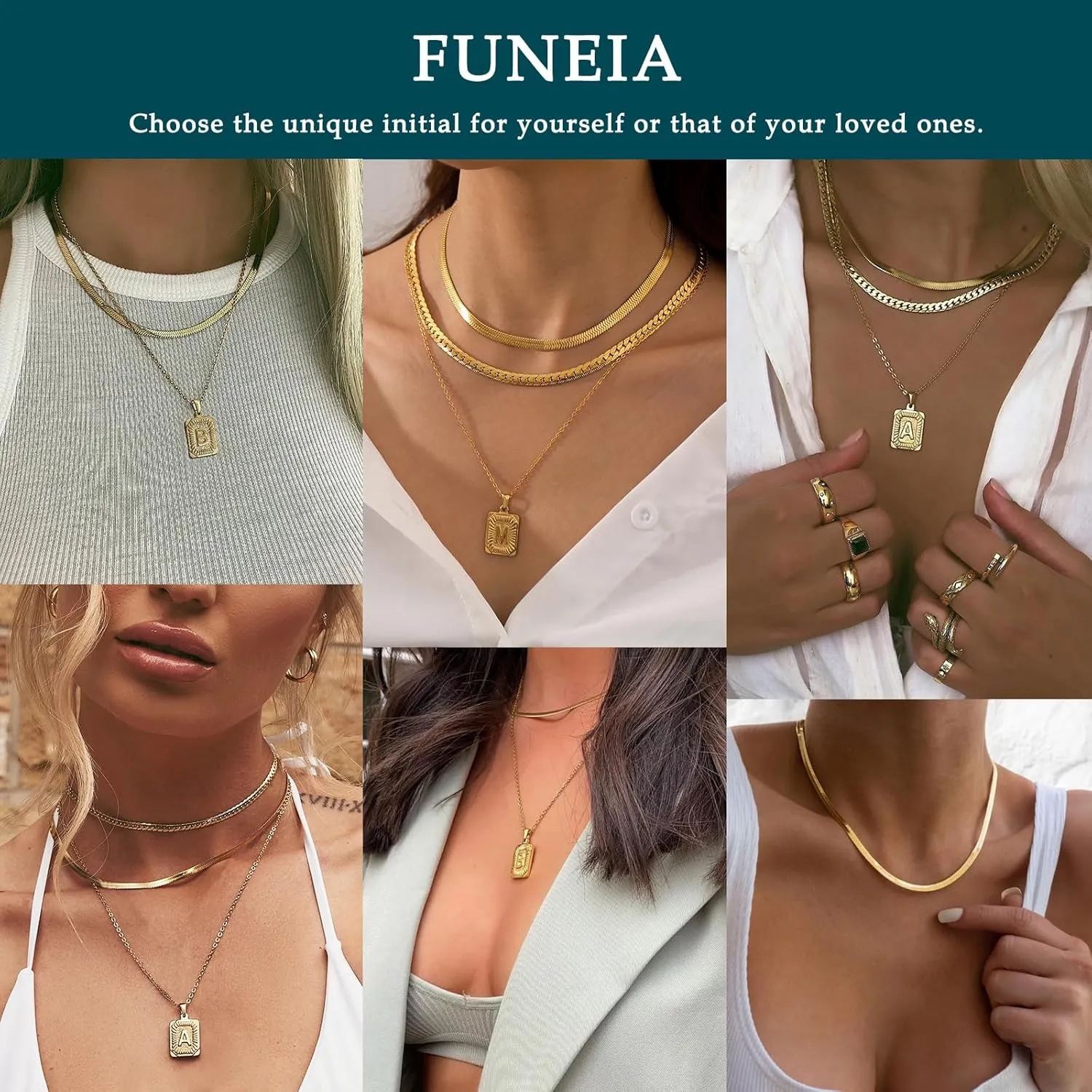 FUNEIA Layered Gold Initial Necklace for Women Trendy Dainty 18K Gold Plated Initial A-Z letter Pendant Necklace Stacked Layering Herringbone Flat Snake Chain Choker Necklaces Set Pack Jewelry Gifts