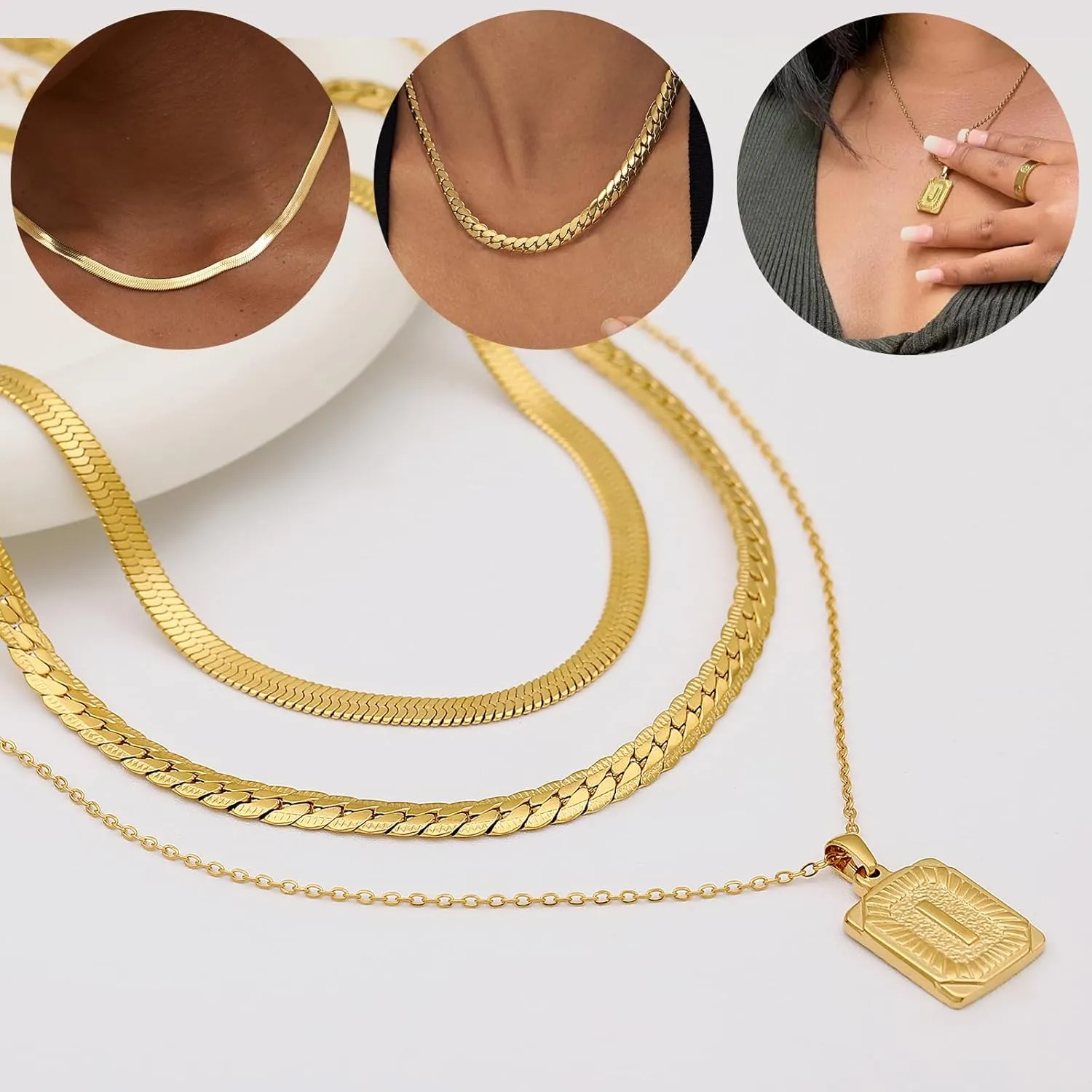 FUNEIA Layered Gold Initial Necklace for Women Trendy Dainty 18K Gold Plated Initial A-Z letter Pendant Necklace Stacked Layering Herringbone Flat Snake Chain Choker Necklaces Set Pack Jewelry Gifts