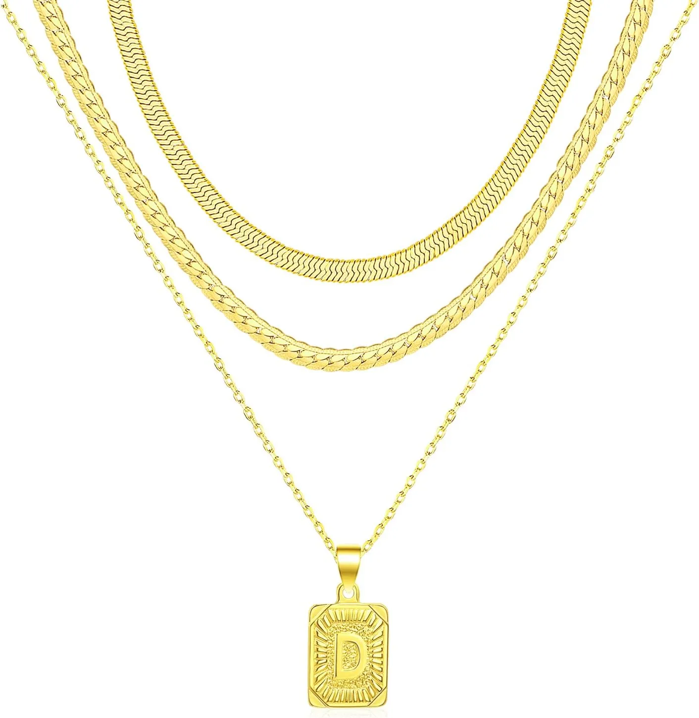 FUNEIA Layered Gold Initial Necklace for Women Trendy Dainty 18K Gold Plated Initial A-Z letter Pendant Necklace Stacked Layering Herringbone Flat Snake Chain Choker Necklaces Set Pack Jewelry Gifts