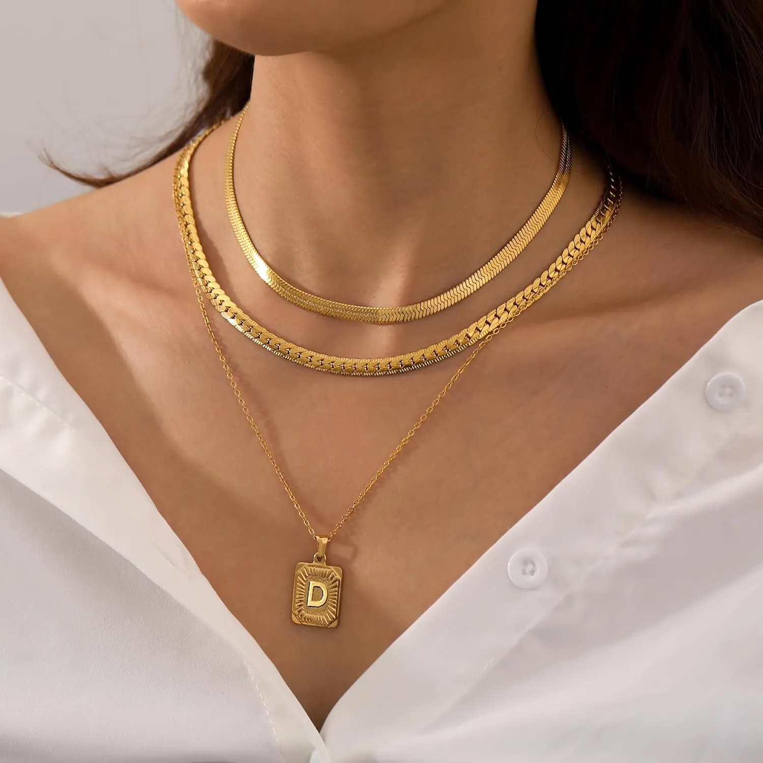 FUNEIA Layered Gold Initial Necklace for Women Trendy Dainty 18K Gold Plated Initial A-Z letter Pendant Necklace Stacked Layering Herringbone Flat Snake Chain Choker Necklaces Set Pack Jewelry Gifts