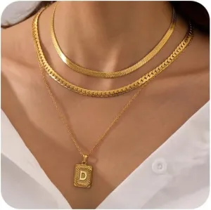 FUNEIA Layered Gold Initial Necklace for Women Trendy Dainty 18K Gold Plated Initial A-Z letter Pendant Necklace Stacked Layering Herringbone Flat Snake Chain Choker Necklaces Set Pack Jewelry Gifts