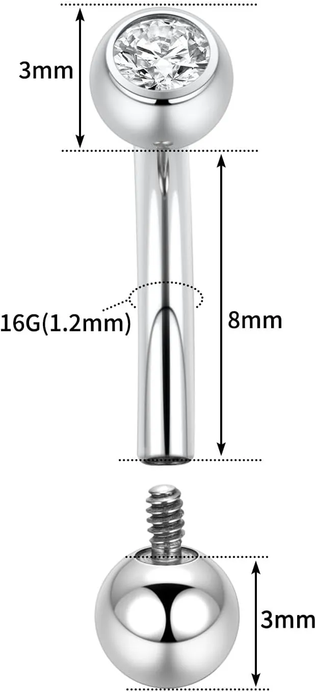 FUNLMO 2pcs Rook Daith Eyebrow Piercing Jewelry G23 Titanium Vertical Labret Lip Jewelry Rook Earring Small Belly Button Ring Curved Barbell Cartilage Earring 16G 8mm