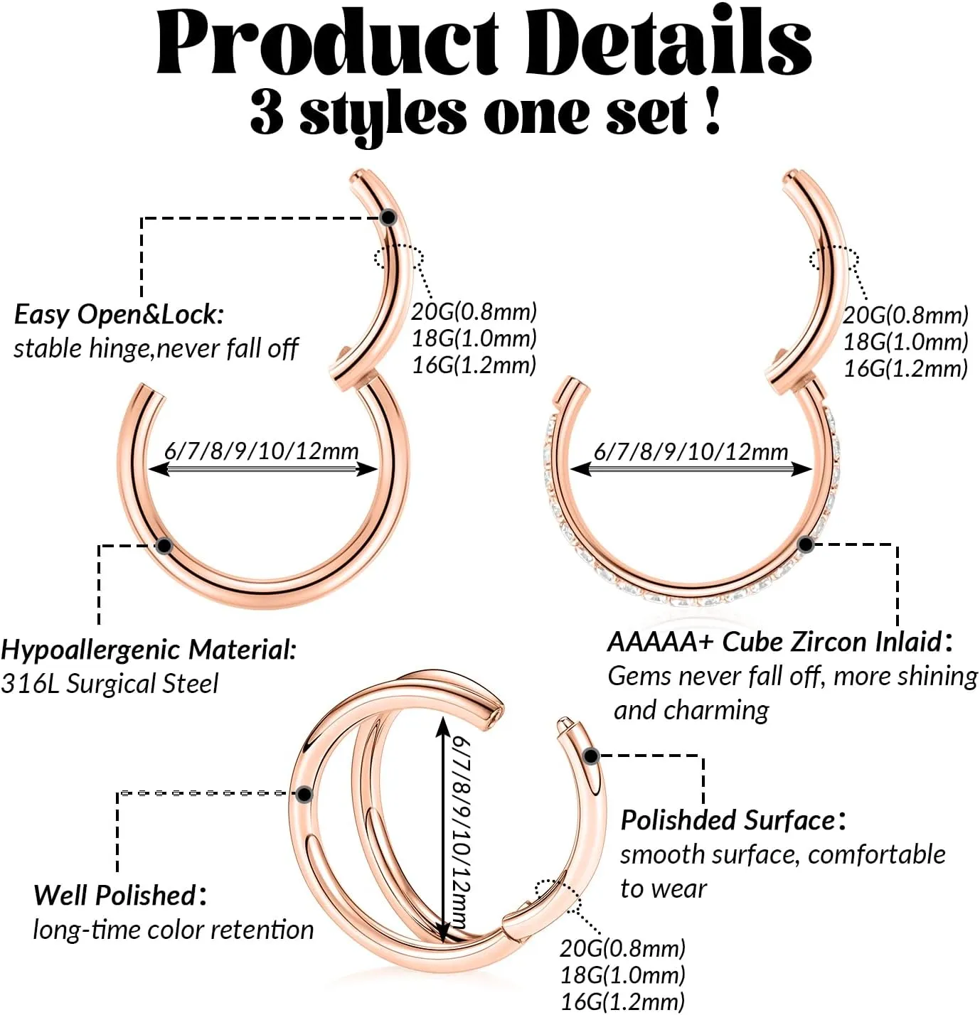 FUNLMO 3Pcs Nose Rings Double Hoop Nose Ring Conch Daith Tragus Helix Rook Piercing Jewelry Surgical Steel Cartilage Earring Conch Hoop Earring Septum Jewelry Lip Ring