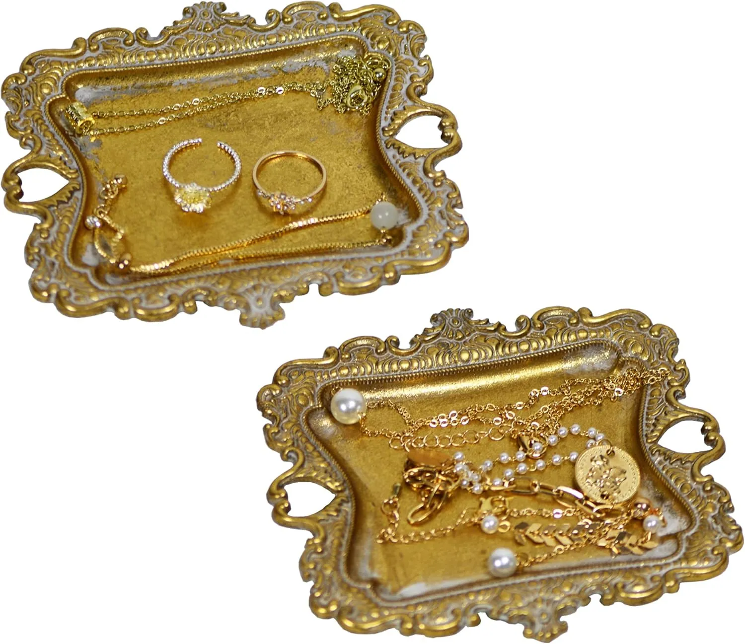 Funly mee Small Antique Trinket Dish Vintage Jewelry Tray, Ring Holder (Gold-2PACK)