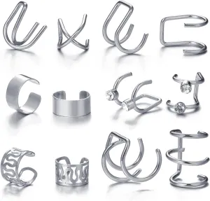 FUTIMELY 12Pairs Ear Cuffs Earrings Set for Women, Gold/Silver/Black Plated Stainless Steel Non Piercing Ear cuff Earrings Cartilage Clip Cuff Earrings Jewelry