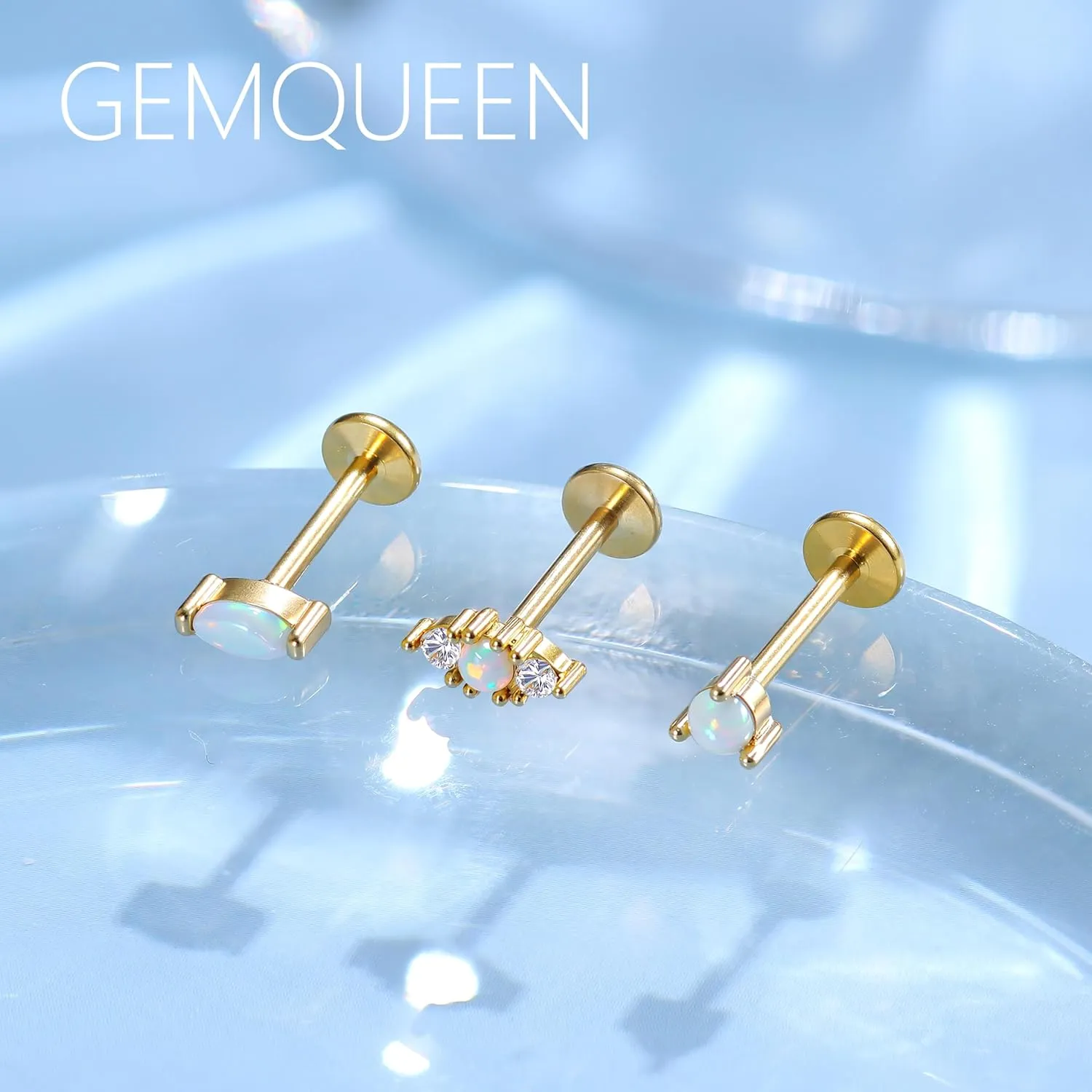 G23 Implant Grade Titanium Flat Back Earrings Studs: 14K Gold Hypoallergenic 3 Pcs 18G Internally Threaded Tragus Cartilage Helix Piercing Jewelry Opal Earring for Sensitive Ears Women Men