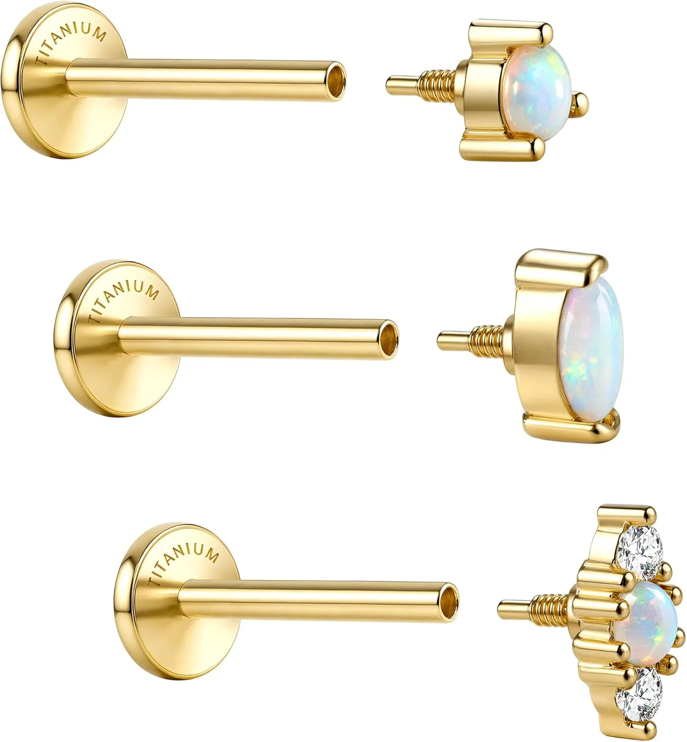 G23 Implant Grade Titanium Flat Back Earrings Studs: 14K Gold Hypoallergenic 3 Pcs 18G Internally Threaded Tragus Cartilage Helix Piercing Jewelry Opal Earring for Sensitive Ears Women Men
