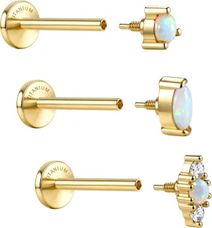 G23 Implant Grade Titanium Flat Back Earrings Studs: 14K Gold Hypoallergenic 3 Pcs 18G Internally Threaded Tragus Cartilage Helix Piercing Jewelry Opal Earring for Sensitive Ears Women Men