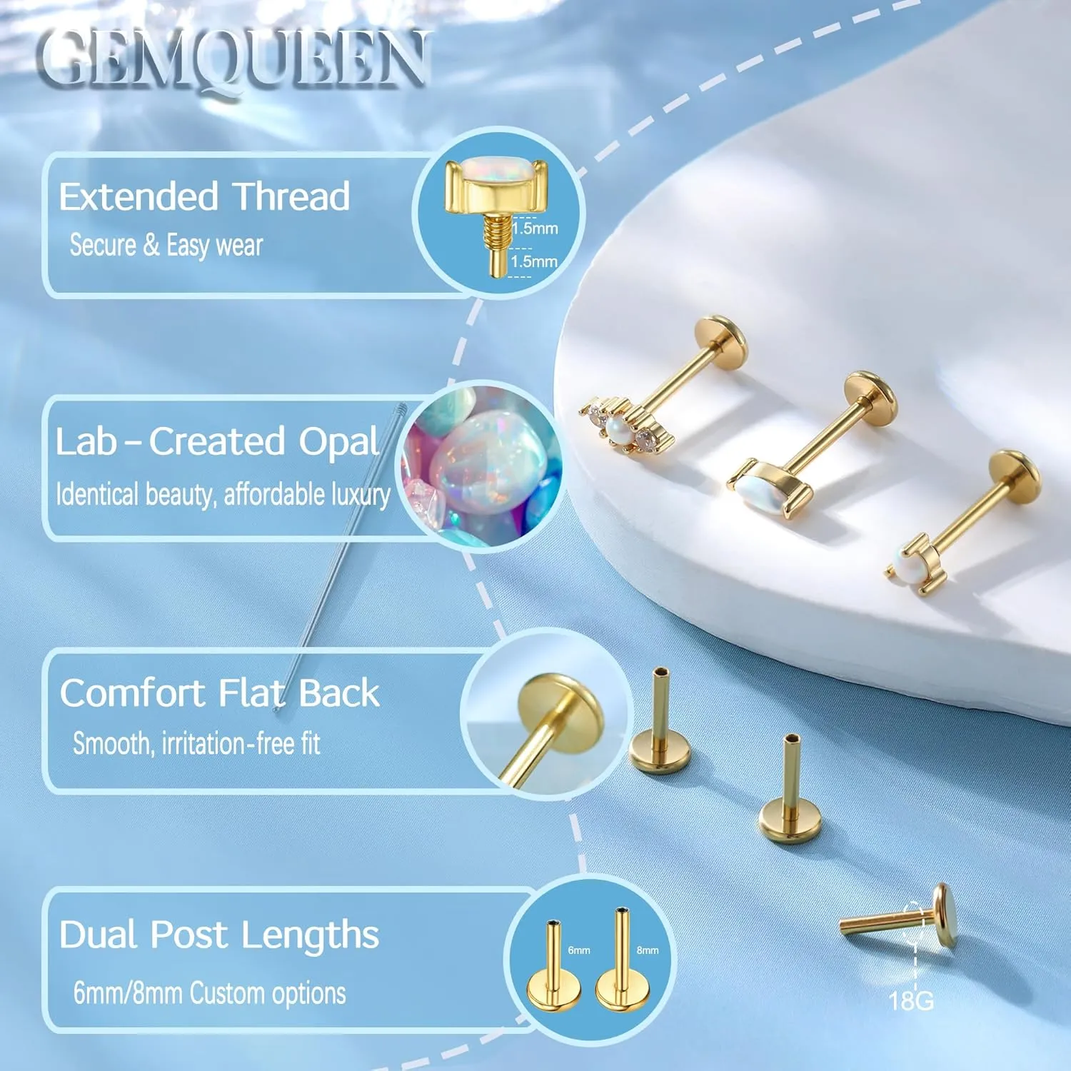 G23 Implant Grade Titanium Flat Back Earrings Studs: 14K Gold Hypoallergenic 3 Pcs 18G Internally Threaded Tragus Cartilage Helix Piercing Jewelry Opal Earring for Sensitive Ears Women Men