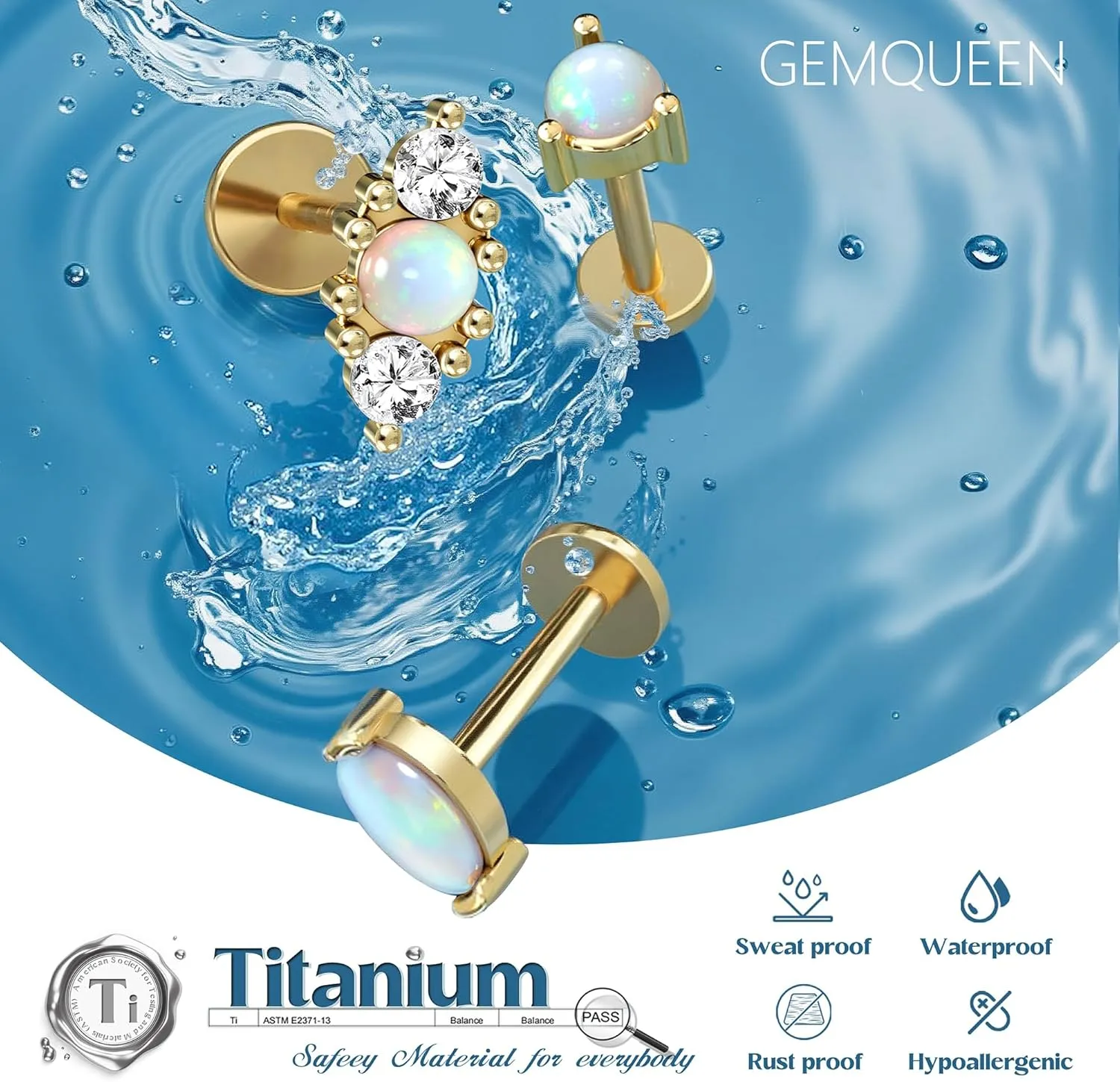 G23 Implant Grade Titanium Flat Back Earrings Studs: 14K Gold Hypoallergenic 3 Pcs 18G Internally Threaded Tragus Cartilage Helix Piercing Jewelry Opal Earring for Sensitive Ears Women Men