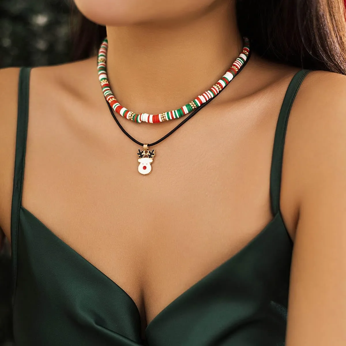 Gangel Christmas Choker Necklace Christmas Tree Necklaces Boho Layered Necklace Choker Heishi Surfer Necklace Holiday Party Jewelry Chain Necklace for Women