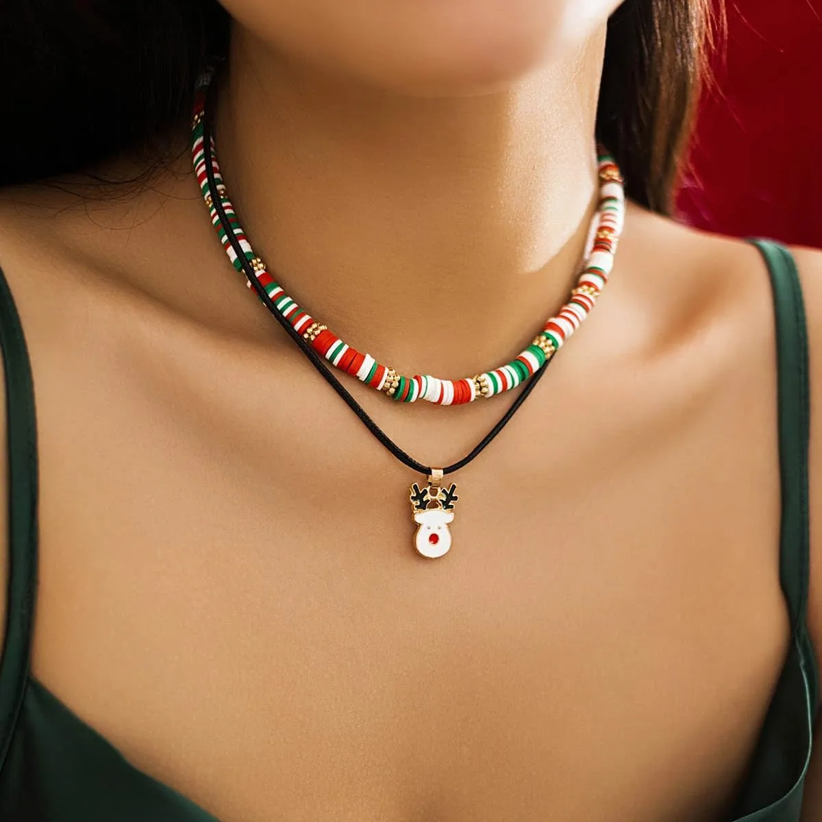Gangel Christmas Choker Necklace Christmas Tree Necklaces Boho Layered Necklace Choker Heishi Surfer Necklace Holiday Party Jewelry Chain Necklace for Women