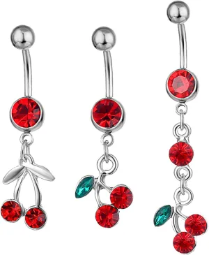 Gatuida 3Pcs Cherry Charm Navel Ring Rhinestone Belly Piercing Jewelry for Women and Men Body Jewelry for Parties and Festivals Cute Belly Button Accessories