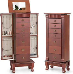Giantex Standing Jewelry Armoire Cabinet Storage Chest with 7 Drawers, 2 Side Doors, 12 Necklace Hooks, Makeup Mirror and Top Divided Storage Organizer, Large Standing Jewelry Armoire