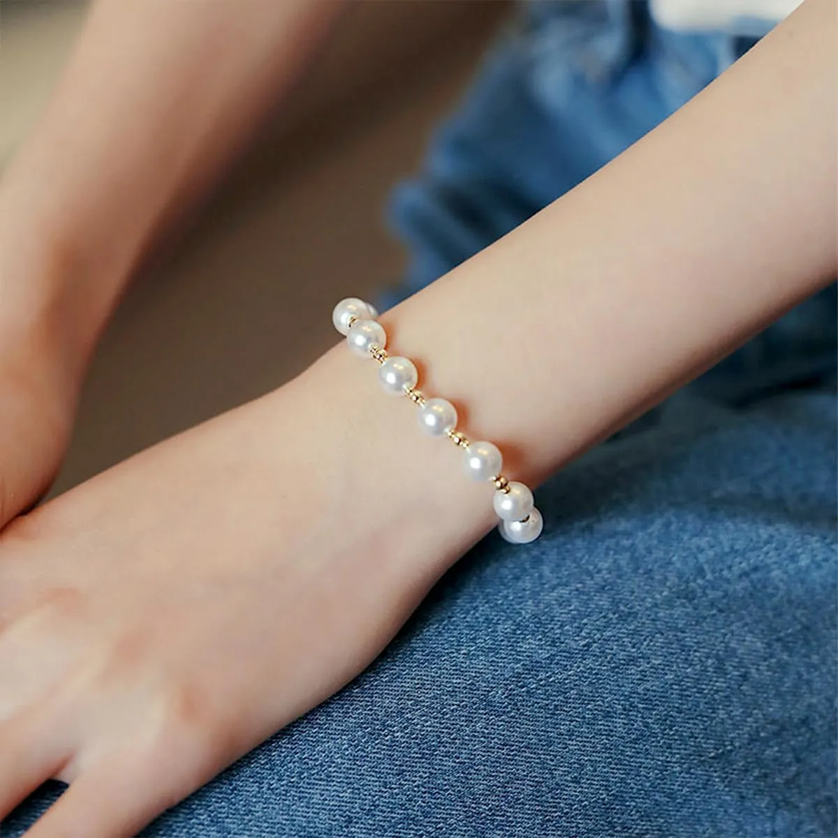 GIGB PBDK 18k Gold Pearls Link Bracelets,Adjustable Sweet Beads Y2k Bracelets,Minimalism Gentle Anniversary Birthday Jewelry Gifts for Women Bridesmaid