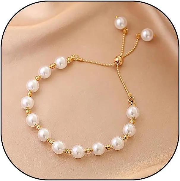 GIGB PBDK 18k Gold Pearls Link Bracelets,Adjustable Sweet Beads Y2k Bracelets,Minimalism Gentle Anniversary Birthday Jewelry Gifts for Women Bridesmaid