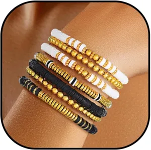 Gold Beaded Layered Bracelet Bohemian Clay Beads Stackable Bracelets 7PCS Stretch Bangle Set for Women and Men((P-02)