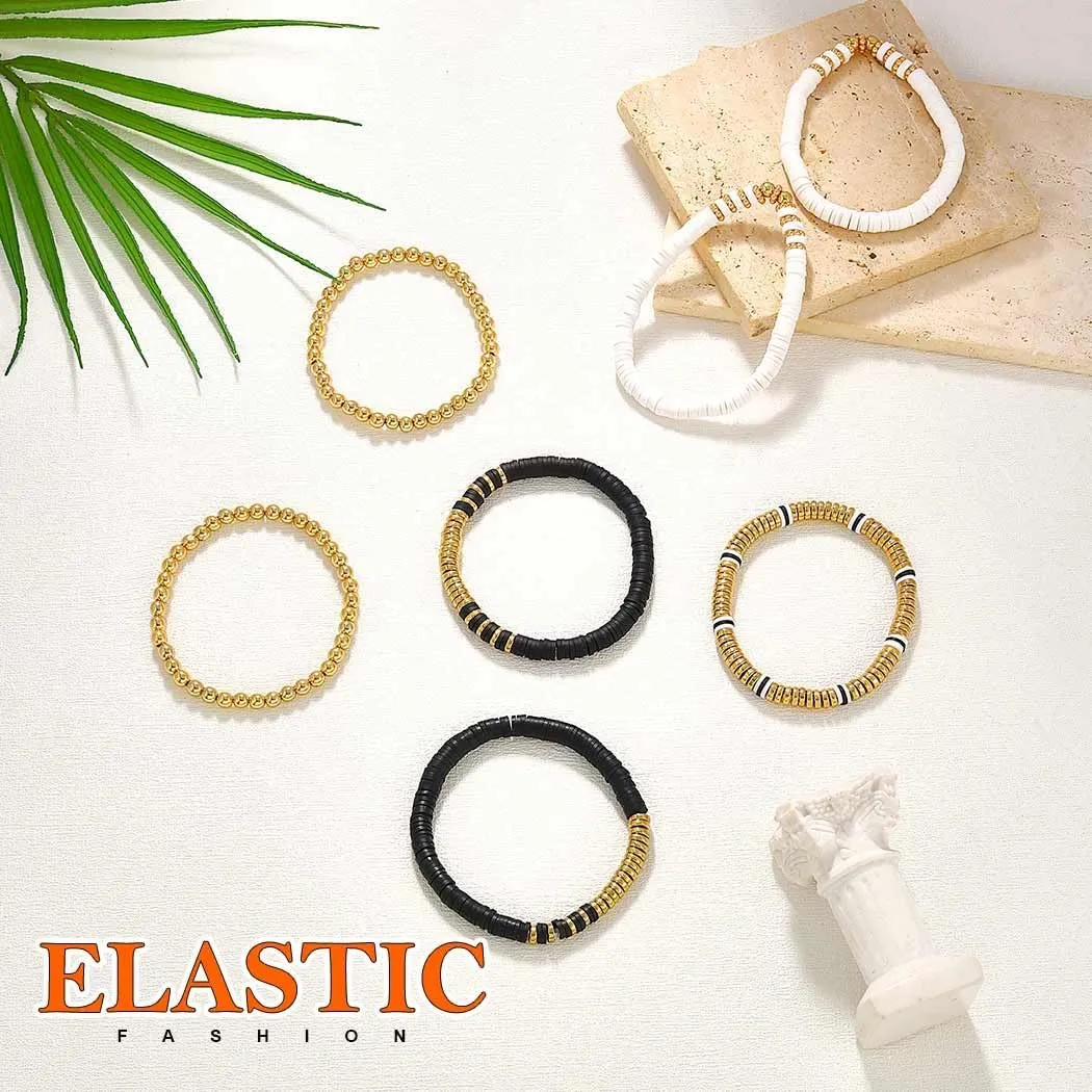 Gold Beaded Layered Bracelet Bohemian Clay Beads Stackable Bracelets 7PCS Stretch Bangle Set for Women and Men((P-02)