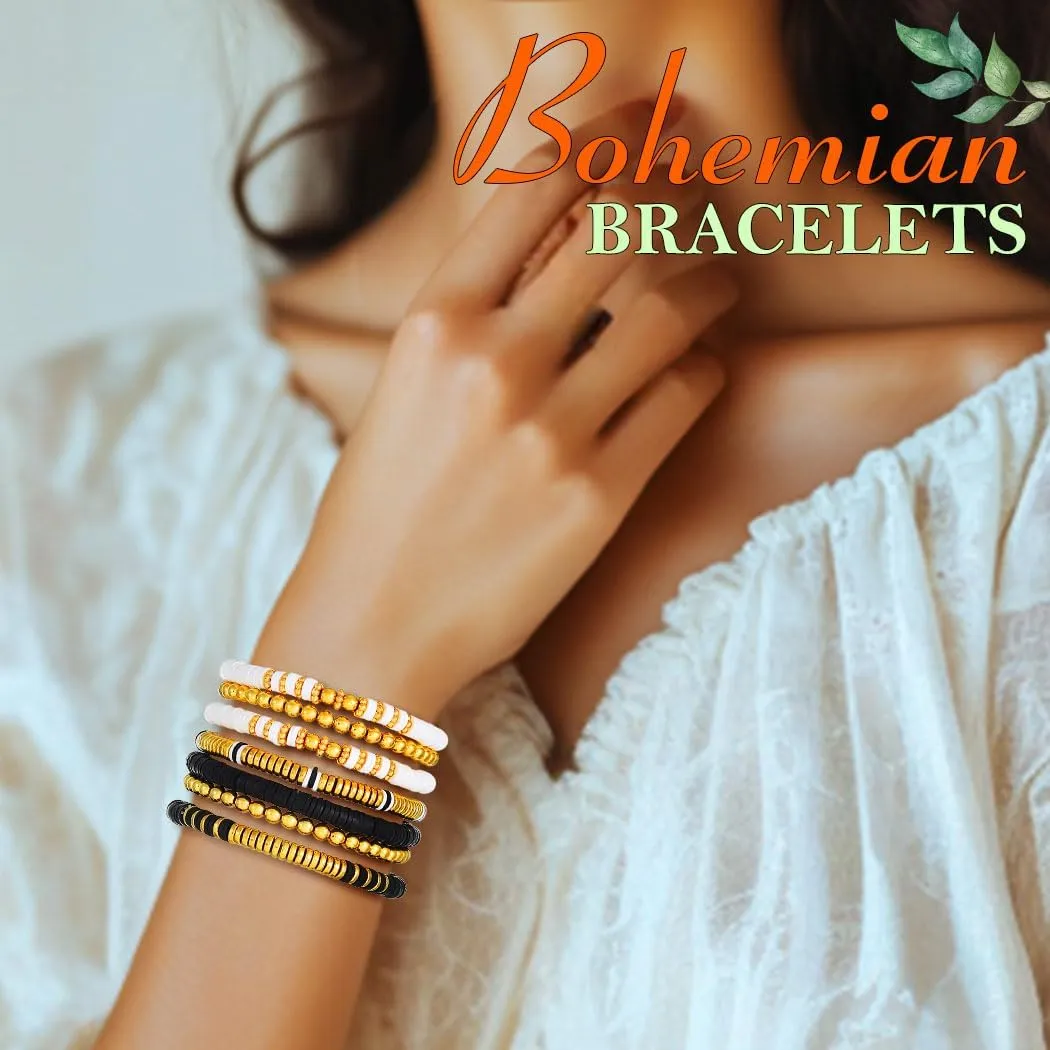 Gold Beaded Layered Bracelet Bohemian Clay Beads Stackable Bracelets 7PCS Stretch Bangle Set for Women and Men((P-02)