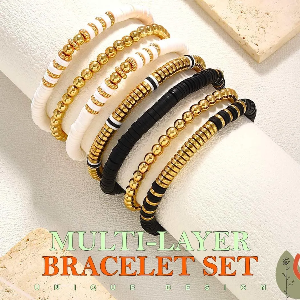 Gold Beaded Layered Bracelet Bohemian Clay Beads Stackable Bracelets 7PCS Stretch Bangle Set for Women and Men((P-02)